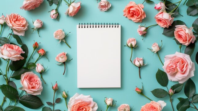 Natural template with blank notepad and various vintage roses on the pink background, top view,generative ai,