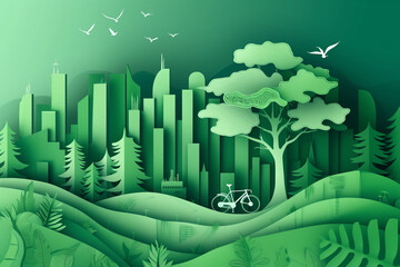 Paper cut style of ego system concept, tree, building, bicycle, vector graphic. Urban landscape with green architecture - obrazy, fototapety, plakaty