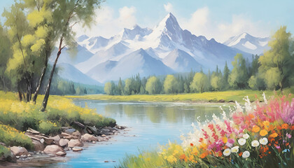 Summer landscape, flowers on the river bank with trees and mountains in the background, oil painting style illustration.