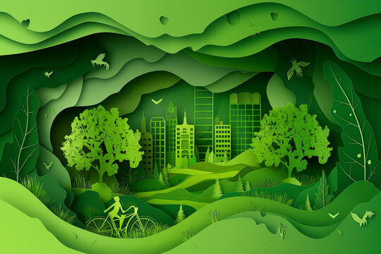 Paper cut style of ego system concept, tree, building, bicycle, vector graphic. Urban landscape with green architecture