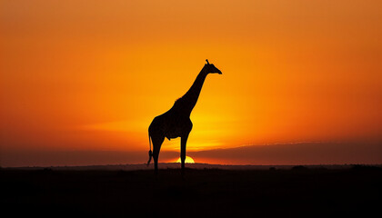 A giraffe stands in silhouette against a vivid orange sunset on the horizon
