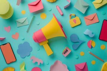 Paper cut style of social marketing concept. Megaphone, email, smartphone.