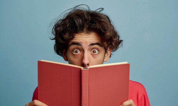 man boy student cover his face with plain red book stares with bugged eyes feels shocked.