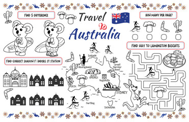 A fun placemat for kids. Printable the “Travel to Australia” activity sheet with a labyrinth, find the differences and find the same ones. 17x11 inch printable vector file