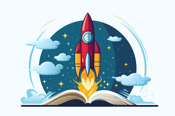 Flat vector design of rocket launch from book, brain and growth concept