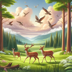 deer in the forest  silhouette, deer, tree, vector, nature, animal, landscape, illustration, sunset, wild, animals, wildlife, forest, art, sky, grass, safari, cartoon, black, Ai generated 