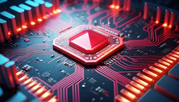 Futuristic circuit board with a central processor and glowing red pathways, exemplifying the sophistication of modern computing technology.