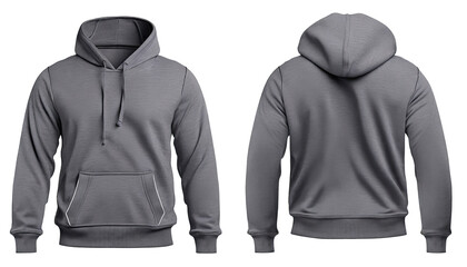 Men's grey blank hoodie template, from two sides, natural shape on invisible mannequin, for your design mockup for print, clipping path , cutout