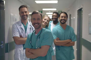 Group of happy doctors in hospital corridor
