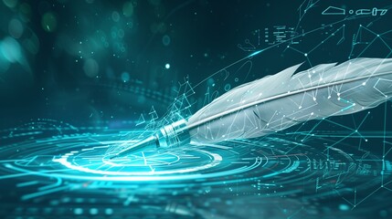 A futuristic quill pen sketching the blueprint for HR innovation, with AI algorithms assisting in the creation of progressive strategies for organizational growth - obrazy, fototapety, plakaty