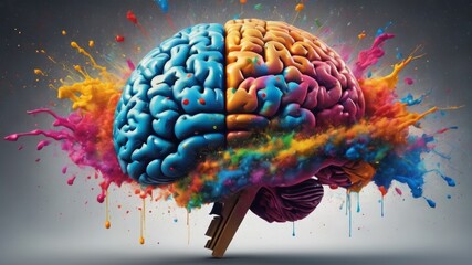Left right human brain concept. Creative part and logical part with social and business part. Creative art brain explodes with paint splatter. Mathematical successful mindset with formulas - obrazy, fototapety, plakaty