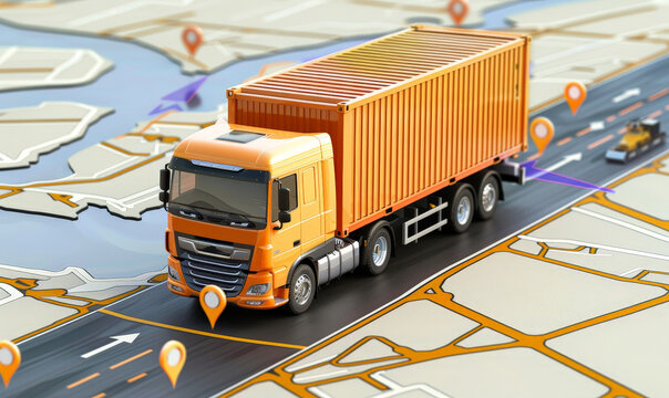 toy truck with orange container on the road of a map, concept image for gps tracking