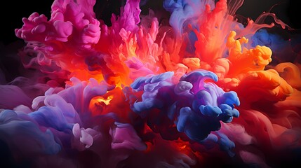 Neon pink and fiery red liquids colliding with explosive energy, forming a dynamic and intense abstract scene - obrazy, fototapety, plakaty