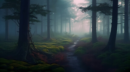 Obraz premium foggy forest at night,mysterious dark forest at night