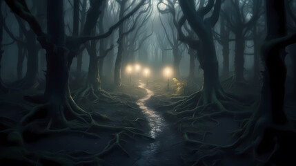 foggy forest at night,mysterious dark forest at night