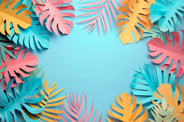 Fototapeta na wymiar Vector. Tropical paper palm leaf frame. Summer tropical leaves origami exotic Hawaiian forest pink and green Summer background. Paper cut. Colorful artistic style.