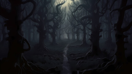 foggy forest at night,mysterious dark forest at night