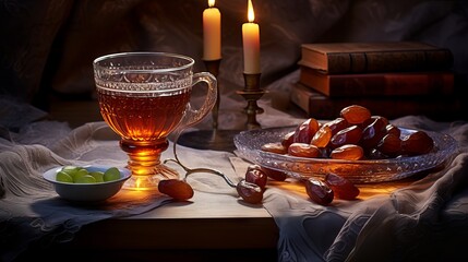Bowl of dates, tea glass, and prayer beads: ramadan essentials on illuminated table

