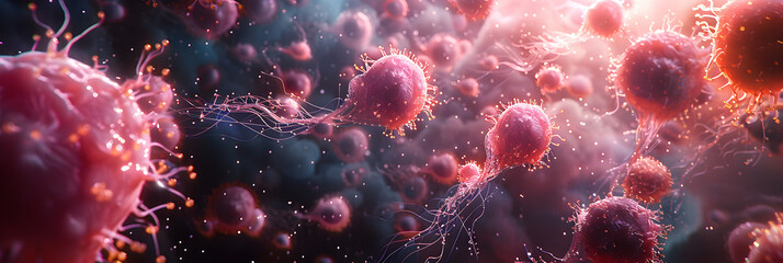 Macrophage Illustration ,
Microscopic 3D view virus cells bacteria realistic coronavirus particles floating For Social Media
 - obrazy, fototapety, plakaty