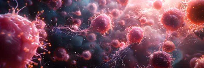 Foto op Aluminium Macrophage Illustration , Microscopic 3D view virus cells bacteria realistic coronavirus particles floating For Social Media  © marchsing