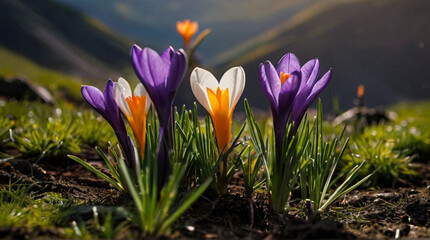 Spring flowers on green lawn, flooded with bright sunlight, blurred background. Generative AI.