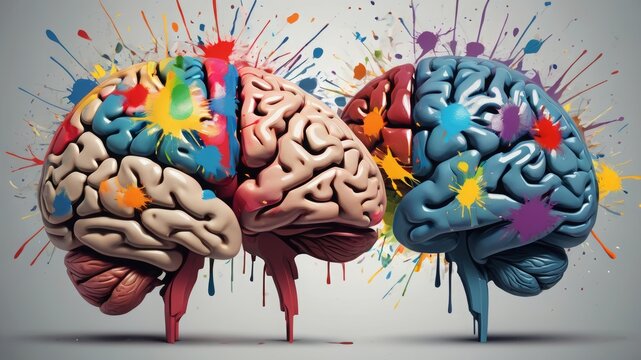 Left right human brain concept. Creative part and logical part with social and business part. Creative art brain explodes with paint splatter. Mathematical successful mindset with formulas