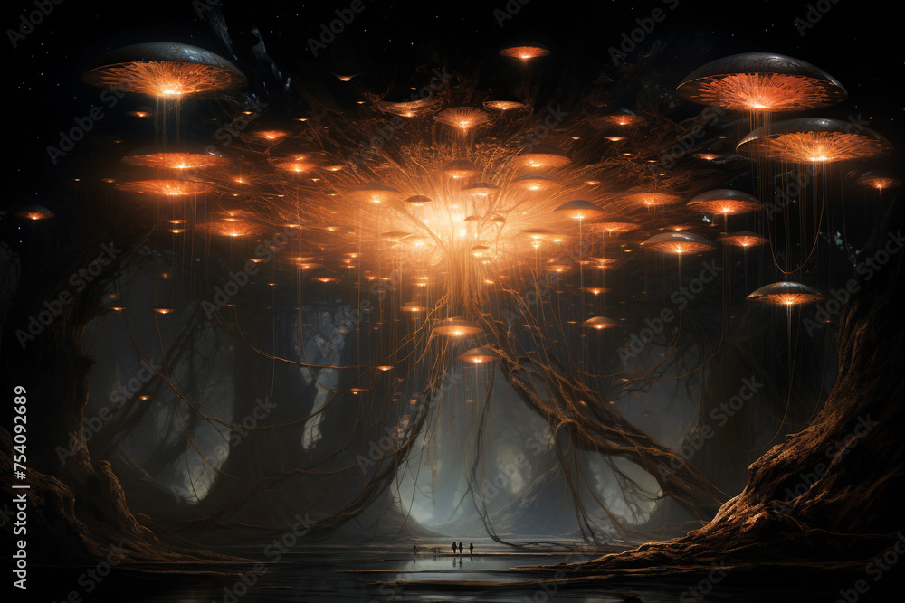 Poster extra terrestrial canopy embellished with a multitude of space elements, forming a cascade of reacti