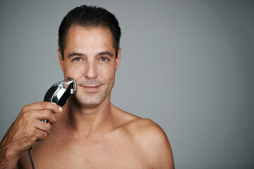 Man, portrait and razor for shaving or grooming skincare for electric tool or dermatology, trimmer...