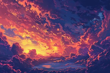 Background Texture Pattern Cel-Shaded Post-Apocalyptic Skies showcasing dramatic skies Blend fiery colors, all defined by thick, comic book-style outlines created with Generative AI Technology