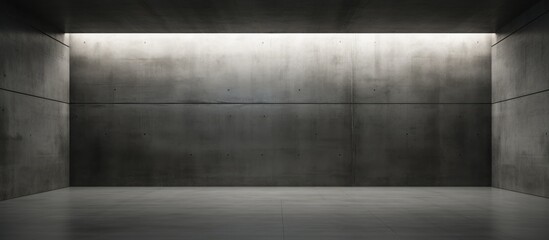 A black and white photograph shows an empty room with stark architecture, featuring a dark concrete wall. The room appears devoid of any furniture or decorations,