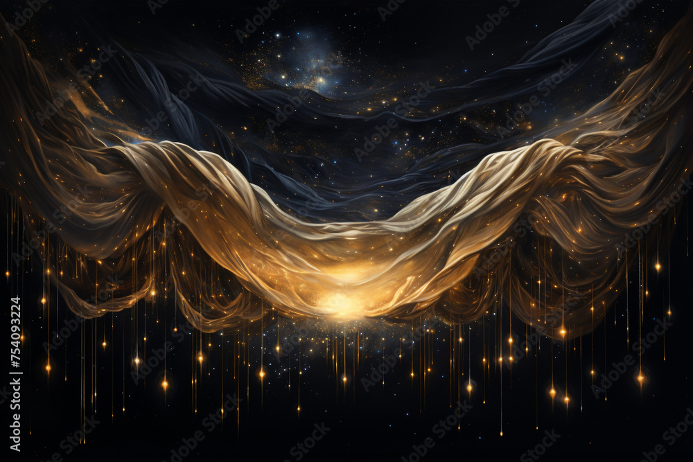 Poster extra terrestrial canopy embellished with a multitude of space elements, forming a cascade of reacti