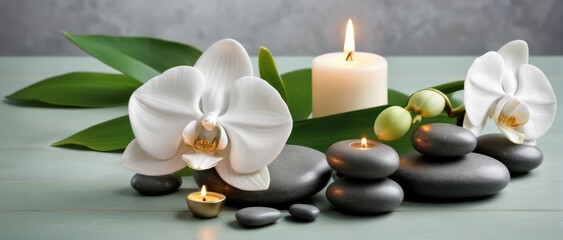 Fototapeta na wymiar Zen stones, candles, and white orchid on green-grey background.