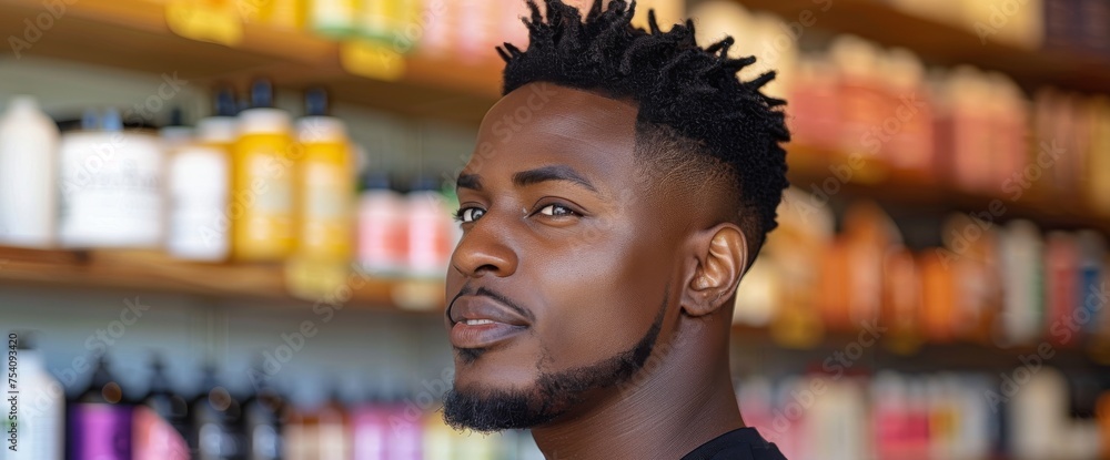 Poster man standing in front of shelf of bottles