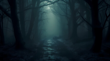 foggy forest at night,mysterious dark forest at night