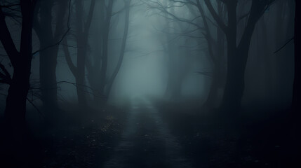 foggy forest at night,mysterious dark forest at night - obrazy, fototapety, plakaty