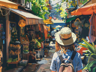 Obraz premium Woman traveler with backpack and hat sightseeing through the streets and street food stall markets in Asia. 