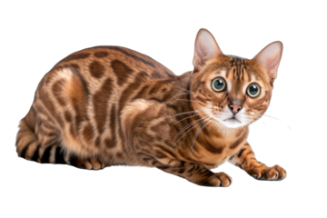 Alert Bengal Cat in Crouching Position, Showcasing Spotted Coat and Feline Agility.