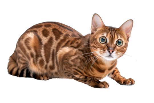 Alert Bengal Cat in Crouching Position, Showcasing Spotted Coat and Feline Agility.
