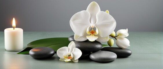 Naklejka na ściany i meble Zen stones, candles, and white orchid on green-grey background.