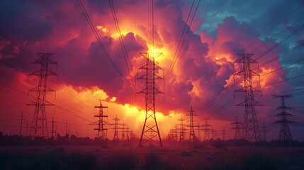 Electric pole and high voltage tower. High voltage transmission pole against sunset  background. Generative AI illustration  - obrazy, fototapety, plakaty