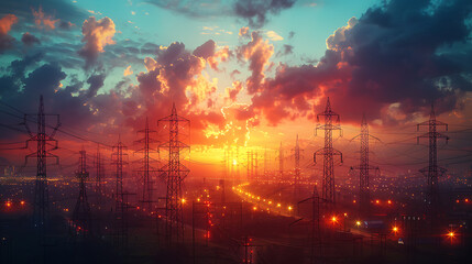 Electric pole and high voltage tower. High voltage transmission pole against sunset  background. Generative AI illustration 