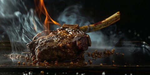 Mouth Watering Delicious Tomahawk Rib Steak on hot grill