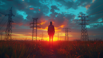 A young woman with a backpack watches the sunset amidst high-voltage electric poles. Generative AI illustration  - obrazy, fototapety, plakaty