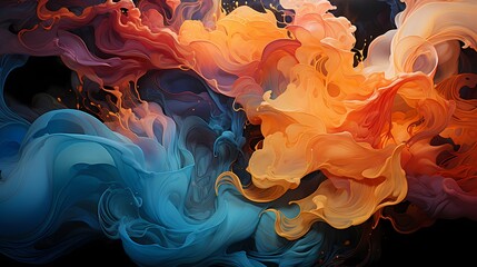 Torrent of midnight blue and fiery orange liquids colliding with immense force, forming an abstract display of vivid energy - obrazy, fototapety, plakaty