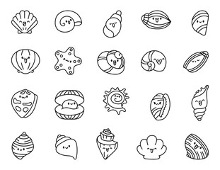 Cute kawaii sea shell. Coloring Page. Cartoon aquatic life. Marine seashell characters, summer vacation. Hand drawn style. Vector drawing. Collection of design elements.