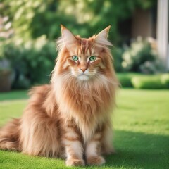Naklejka na ściany i meble A Maine Coon in close-up with beautiful fluffy white-red fur and beautiful green eyes. Sitting in the garden on the lawn and looking towards the camera. Generative AI