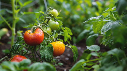 Ripe red tomatoes growing in the garden