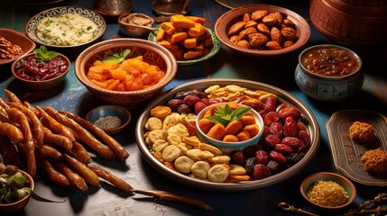 Tasty manakish overlooking assorted moroccan cuisine and dried dates: a delightful spread for ramadan festivities

 - obrazy, fototapety, plakaty
