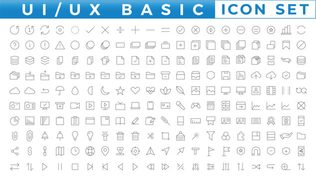 Basic User Interface Essential mega file Set. Line Outline Icons. For App, Web, Print. Editable Stroke.