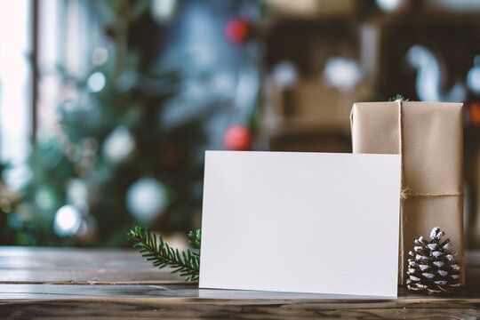 Christmas greeting card mockup with christmas tree and presents on wooden table